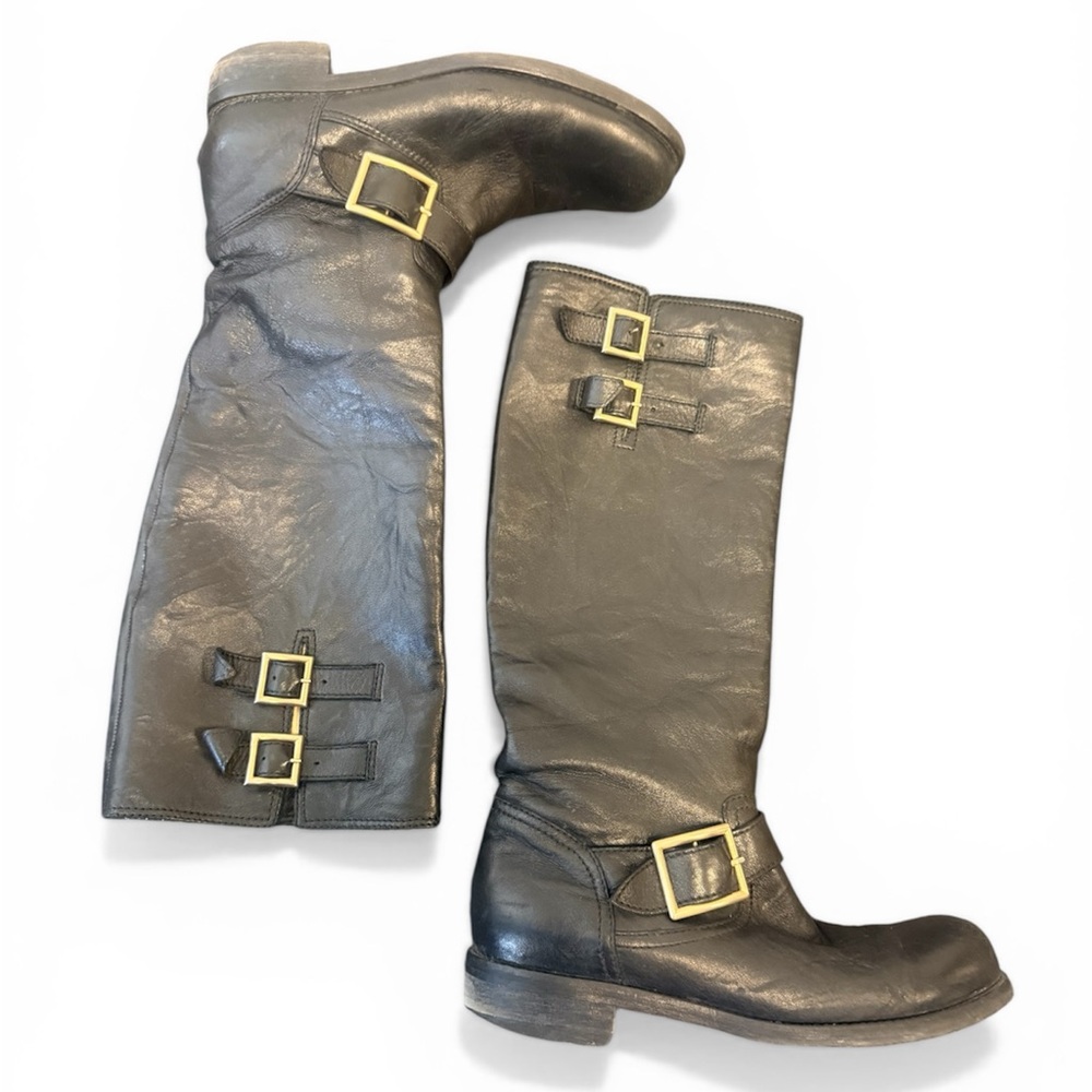 Jimmy Choo 9.5 (40) GUC “YULE” Black Leather Knee-High Buckle Boots